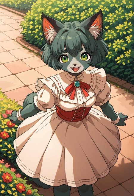 score_9, score_8_up, score_7_up, source anime,
masterpiece, best quality, detailed, amazing quality,
detailed background, park, flowers,
detailed eyes, clean eyes,
dynamic pose, from above,
solo, 
easynegative, 
furry, cat girl, 1girl, happy, dress, pastel colors, green eyes, gray fur,