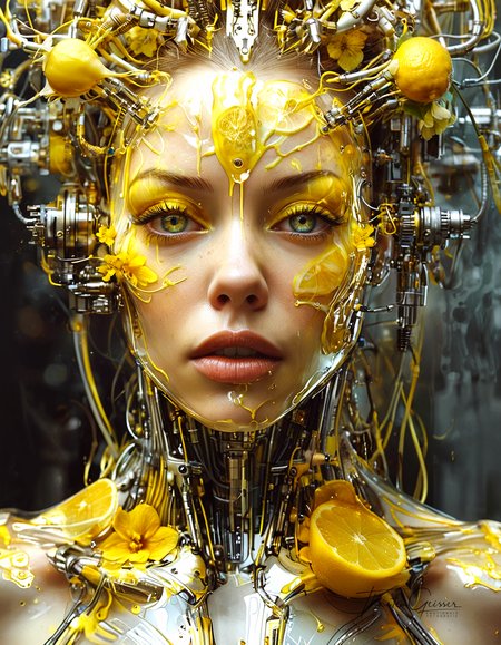 biomechanical cyberpunk glamorous photo Art by florist Mandy Disher, digital illustration, portrait of a beautiful lady, perfect anatomy, centered, yellow lemon theme, multiple shades of yellow, burst of lemon zest and juice, close to perfection, dynamic, very detailed, watercolor, ArtStation, concept art, blur, sharp focus, illustration, Carne Griffiths, Wadim Kashin. . high fashion, luxurious, extravagant, stylish, sensual, opulent, elegance, stunning beauty, professional, high contrast, detailed  <lora:MJ52.safetensors:0.00>     . cybernetics, human-machine fusion, dystopian, organic meets artificial, dark, intricate, highly detailed