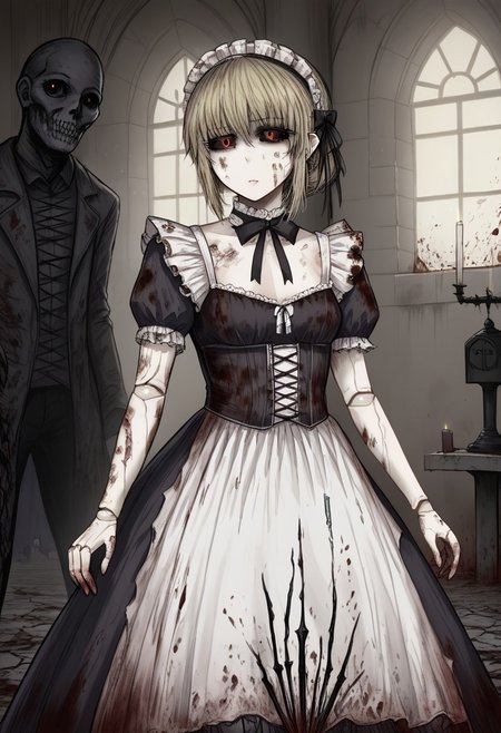 score_9, score_8_up, score_7_up, rating_explicit, 1girl, pointy ears, (milf:1.6), beautiful face, slim girl, medium white hair, hair between eyes, mature female, wide hips, simple background, standing, broken doll, monster girl, doll, doll joints, solo focus, small breasts, broken, amputated arm,black souls style, standing, black sclera, red eyes, torn dress, gothic, dirty, white skin, porcelain, , ruffles, bows, Victorian clothing