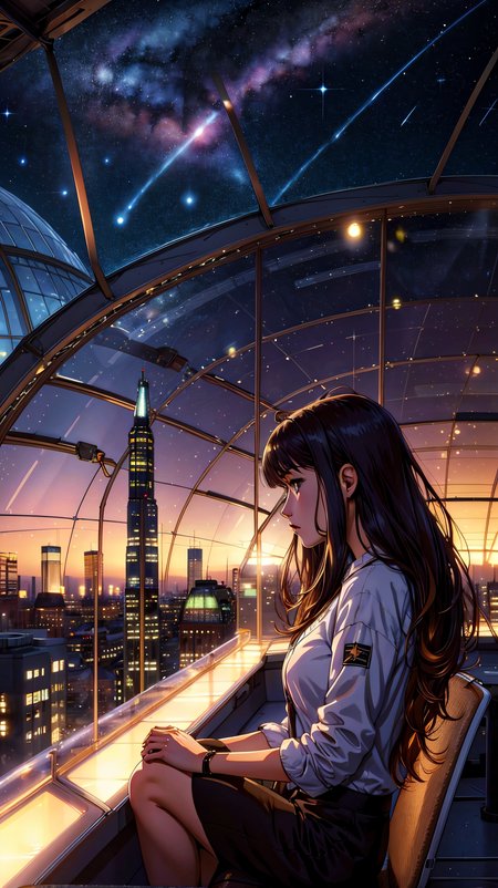 best quality, masterpiece, extremely detailed, detailed background, anime, 1girl, young girl, short girl, sci-fi, science fiction, outdoors, night, starry sky, (greenhouse), (megastructure), (city inside a bio-dome), landscape, scenery, horizon, rooftop, (sitting on rooftop), (hair blowing in the wind), (looking away), (atmospheric lighting), solo focus, close up, from side, depth of field, bokeh