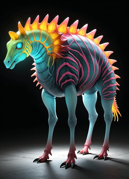 Ombre color scheme of neon pink, neon blue, neon yellow, neon green, neon orange, <lora:TheWeirdies_V2:0.58> thew3irdi3sv2,  Average Carnivorous Geodesic Exo Fungoid, Octopod Multipedal, Clawed Appendages, Trifurcated-Tailed Bushy-Tailed, Exoskeleton, Toothless Mouth Zebra Striped Design  <lora:envyStarlight_v10:0.8> <lora:sss:0.8>, subsurface scattering, Photorealistic, Hyperrealistic, analog style, realistic, film photography, soft lighting, heavy shadow