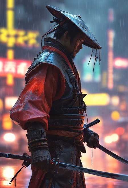 Cybernetic samurai in neon rain, masterpiece, fantasy, digital art, highly detailed, overall detail, atmospheric lighting, Awash in a haze of light leaks reminiscent of film photography,  awesome background, highly detailed styling,  studio photo, intricate details, highly detailed, cinematic,  <lora:MJ52:0.6>,