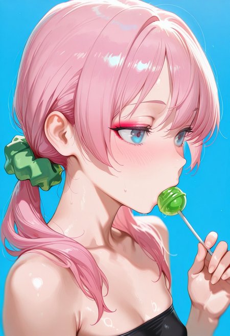 masterpiece, best quality, 1girl, solo, skinny, flat breasts, blue eyes, (pink candy hair, two pigtails), green elastic scrunchie, makeup, blush, black tube top, sucking green lollipop, lollipop in mouth, holding, portrait, blue background, tommustyle