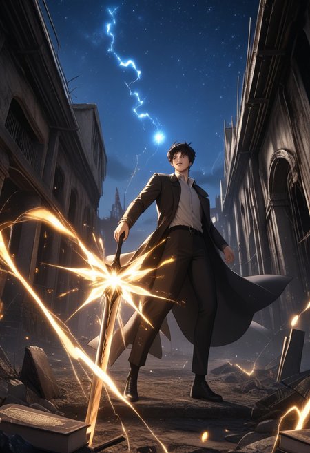 KimDokja, brown eyes, black hair, short hair, Kim clothes, smiling, holding a book in one hand and a sword in the other, sparks of electricity jumping in the background, detailed eyes, full body shot, night, starry sky, beautiful sky, detailed background, abandoned city, ruins, 
He wields a glowing, celestial sword,