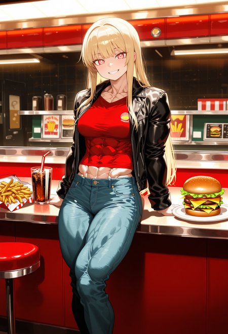 masterpiece, best quality, amazing quality, very aesthetic, absurdres, newest, detailed background, solo, straight blond hair, light red eyes, dimples, black jacket, long sleeves, jacket open, red shirt, denim pants, muscular, abs outline, very defined abs, medium breasts, smiling, siting, muscular body, inside, diner, counter seat, burger and fries, glass filled with soda,  co-opvillain <lora:Co-op_Villain:1>âââ