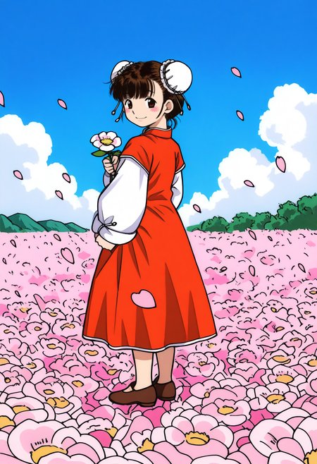 best hands,  <lora:gokuudoh_extragirl_IL1.1:1>full body, looking at viewer,
gokuudoh_extragirl, gokuudoh_style, 1girl, solo, brown short hair, hair bun, double bun, bun cover, smile, closed mouth,  flower, standing, from behind, looking back,
long sleeves, chinese clothes, brown shoes,
holding flower, petals, v arms,
BREAK outdoors, flower field, day,  sky, cloud,
