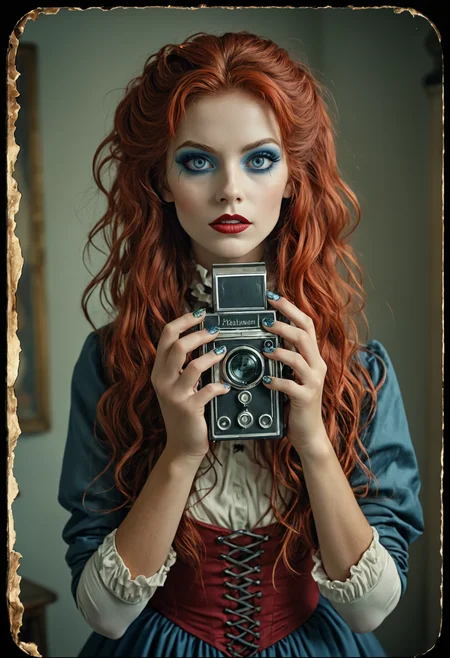 extreme long shot, horror-themed in the phantom lighthouse, Norwegian senior hunter girl is well-proportioned, ravishing, her red and silver big hair, her confused black eyes are gargantuan, blue round lips, unusual face shape, brilliant skin, huge veiny breasts, graceful posture, pride face, (halloween makeup:1.3), she is dressed in a cocktail dress, hands framing face, analog, old faded photo, old polaroid