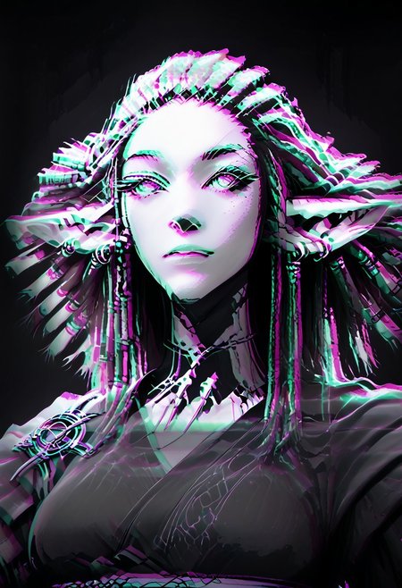 score_9, score_8_up, score_8, female, cel-shading, backlit, delicate features, very long hair, (dreadlocks), upper body, big breasts, techwear, cyborg, pointy elf ears, multiple ear piercings, techwear, dynamic pose, freckles, tan, colorvsgrey, monochrome, green glowing machine parts, hair oranments, kimono, electrical arcs,