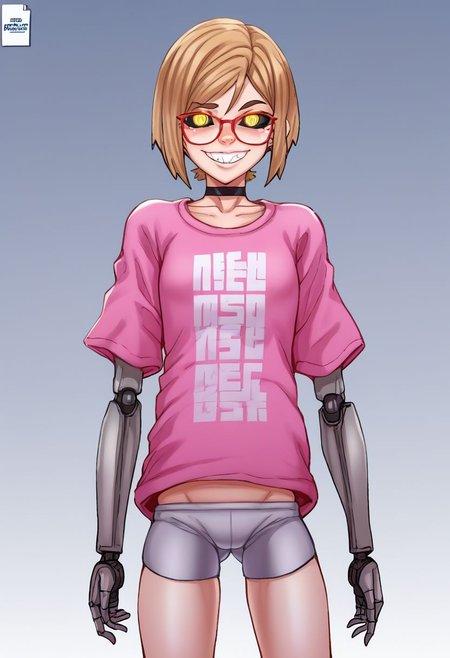 score_9, score_8_up, score_7_up, score_6_up, source_carton, rating_explicit  , BREAK,Robot girl, Mecha, Android, mechanical limbs, robot joints, metal skin, black sclera, no mouth, armor, glowing eyes, no face, darcy, 1girl, red-framed eyewear, short hair, teeth, uncensored, yellow eyes, blonde hair, smile, looking at viewer, choker,t-shirt,standing,  shorts