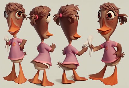 score_9, score_8_up, score_7_up, masterpiece, 1girl, easynegative, Abby Mallard, multiple views of the same character,model sheet, chatacter sheet, grey plumage, white feathery underside