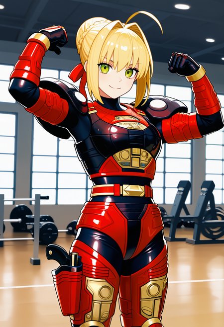 1girl, solo, R3ddle, armor, bodysuit, shoulder pad, gloves, belt, holster, shiny clothes, (nero claudius (fate):0.9), blonde hair, green eyes, flexing, looking at veiwer, smile, cowboyshot,
indoors, gym,
best quality, very aesthetic, masterpiece,