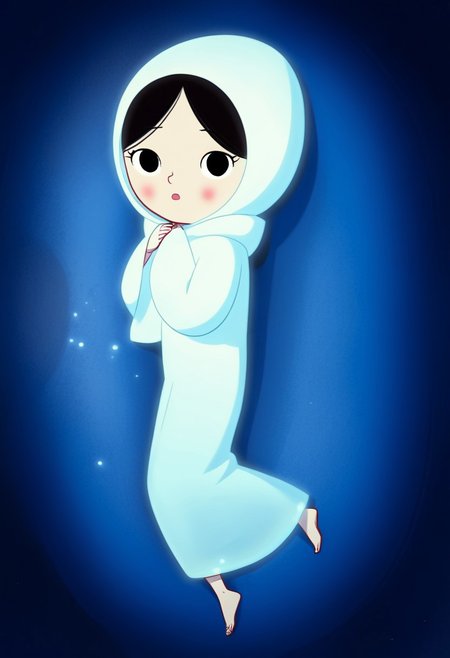 zPDXL3, source_cartoon, Perfect Hands, full body,
1girl, solo, sea bottom, looking at viewer, saoirse, black hair, black eyes, blush, ghost, hood up, robe, barefoot, glowing, lying under the sea, from above, lying on side, facing at viewer, feeling cold, eyes closed, emotionless, open mouth, sleeve past wrist, slim body, long body, highlight cloth wrinkle, anime style face, dark blue background,
<lora:Perfect Hands:1>  <lora:Saoirse_-_The_Song_of_the_Sea-000009:1>