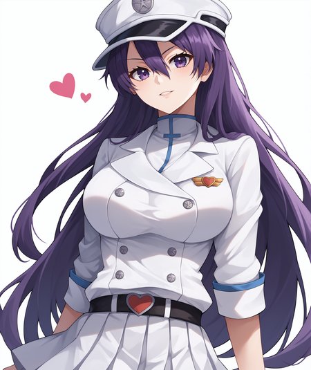 score_9, score_8_up, score_7_up, score_6_up, score_5_up, score_4_up, BREAK, source_anime, best quality, masterpiece, 2d, intricate details, official style, anime, 4k, anime style,
pbambietta, 1girl, solo, black hair, bangs, purple hair, purple eyes, hair between eyes, very long hair, brown eyes, long hair, breasts, large breasts, 
skirt, long sleeves, hat, jacket, heart, pleated skirt, belt, uniform, groin, military, military uniform, white headwear, white jacket, white skirt, peaked cap, military hat, bambietta basterbine, 
upper body, looking at viewer, white background, simple background, <lora:add_details_xl:0.4>, <lora:Bambietta_Pony:1>