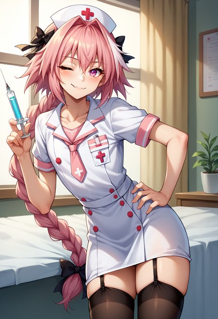 score_9,score_8_up,score_7_up,score_6_up, source_anime, 1boy, solo,  otoko no ko, <lora:EPAstolfoPony-05:1> EPfaAstolfo, pink hair, pink eyes, ribbon, hair ribbon, braid, hair between eyes, hair intakes, white hair, hair bow, single braid, long hair, long braid, streaked hair, skin fang, bow, black bow, smile, nurse cap, one eye closed, white dress, garter straps, thighhighs, very long hair, blush, holding, short sleeves, ;d, black thighhighs, looking at viewer, male focus, nurse, hat, indoors, dress, hand on hip, long braid, streaked hair, syringe, bow, collarbone, infirmary,
