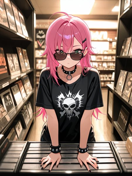 <lora:rec0rdsh0p-IL:0.8> rec0rdsh0p, shop with records, 1girl, punk, punk rocker, sunglasses, black t-shirt, band logo, collar, studded wristband., uploaded on e621, (detailed background), (intricate:1.1), (high detail:1.2), (masterpiece, best quality, 4k, 2k, shaded, absurd res)
