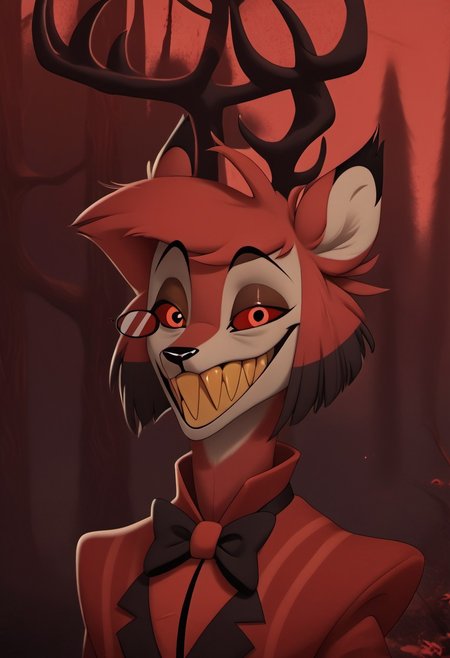 score_9, score_8_up, score_7_up, score_6_up, masterpiece, solo, ((detailed eyes, detailed face, detailed fur, 
BREAK
Great Prince of the Forest, GPotF, deer, buck, disney, antlers, red fur, beige markings, brown eyes, brown eyelids, brown eyeshadow, eyeliner, black eyebrows, anthropomorphic deer, furry, anthro deer, animal focus, alastor_hh, alastor \(hazbin hotel\), solo, red theme, 1boy, red eyes, bow, smile, looking at viewer, evil smile, grin, short hair, bowtie, horror, monocle (theme), sharp teeth, yellow teeth, laughing
<lora:add-detail-xl:1.0>