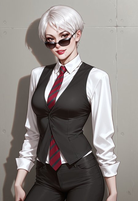 masterpiece, best quality, detailed, realistic, cowboy shot, smile, parted lips, 1girl, Strangelove, short hair, white hair, sunglasses, looking over eyewear, brown eyes, lipstick, collared shirt, vest, pants, Red striped necktie, mole under mouth,