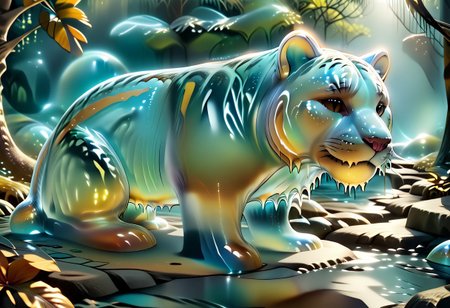 animal_guardian, tiger, a white tiger with black stripes, Tiger made out of slime, slime tiger in a jungle, jungle made out of slime, 
natural light, no bright spots, 
((translucent slime)), ((transparent slime)), made of water, (bioluminescent slime), sl1m3, slime, slime-morph, ais-blmn, saturated colors, no creatures, no humans, no monsters, no pokemon, watce, je11y, gummymorph