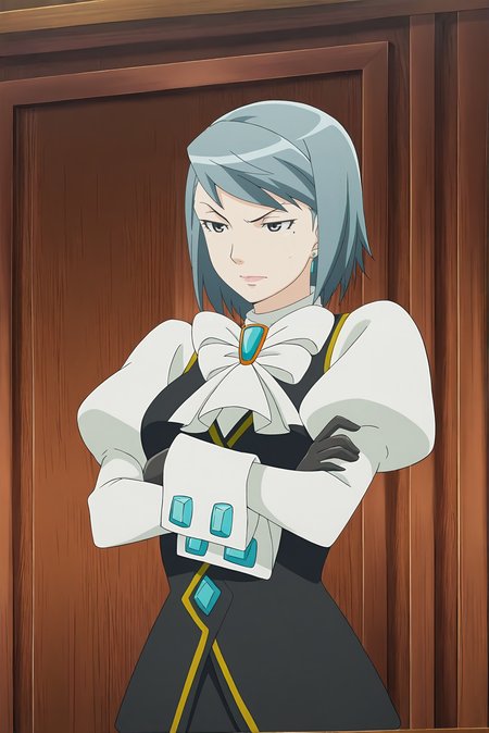 anime screencap,anime coloring,detailed face,masterpiece,best quality,very aesthetic,absurdres,amazing quality,ultra detailed,highres,amazing quality,scenery,beautiful detailed hair,beautiful detailed eyes,official anime artwork,<lora:Franziska von Karma-IL V1:1>,Franziska von Karma,1girl,solo,blue hair,vest,puffy sleeves,mole under eye,short hair,juliet sleeves,long sleeves,jewelry,gloves,white shirt,grey eyes,courtroom,crossed arms,looking at another,