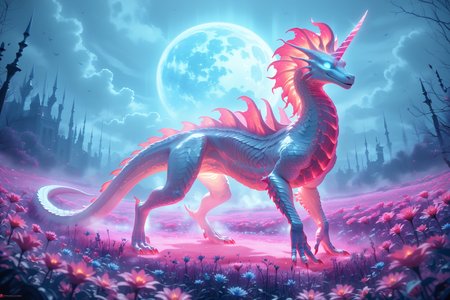 score_9, score_8_up, score_7_up (best quality, masterpiece, beautiful and aesthetic:1.2) glowing glass unicorn sits in a field of glowing blue-red frozen flowers, ominous darkness, moon, a lot of fog, haze, a lot of blue-red fireflies, silver scales shimmering in the moonlight , glowing eyes, white glowing mane <lora:CTDRM:0.7> ctdrm, dreamy, soft lighting, fantasy style, surreal lighting, sinister, mystical, archaic, very colorful, high resolution, many details, The image is a hyper-realistic CGI rendering of a hauntingly realistic