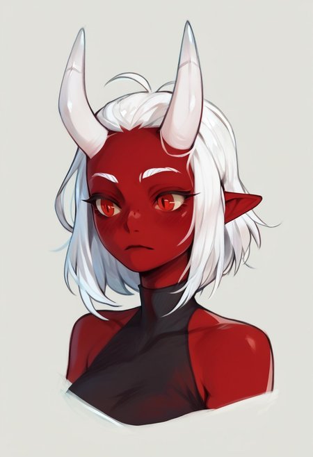 score_9, score_8_up, score_7_up, score_6_up, score_5_up,  <lora:suizillaXLP:1> 1girl, Yamiko, red eyes, white hair, demon horns, white horns, red skin