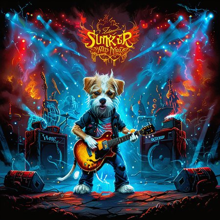 <lora:ZIP_SDXL:1> zip dog looking at the viewer Walking on stage playing his guitar  <lora:1980s_Fantasy_Style_test_2:0.3> 1980s Fantasy Style, vivid color <lora:Rock_Concert:0.8> r0ckc0ncert, on stage, light show, smoke, band, instruments <lora:tbh160-sdxl:0.8> style of Dan Mumford