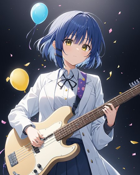 breathtaking,yamada_ryo,1girl, balloon, solo, mole_under_eye, white_background, holding, long_sleeves, mask_on_head, guitar, simple_background, closed_mouth, collared_shirt, confetti, hair_ornament, white_coat, labcoat, skirt, bass_guitar
<lora:yamada_ryo_image1086_2023-11-22:1>.   . gorgeous,key visual, vibrant, studio anime,award-winning, professional, highly detailed,high budget, cinemascope