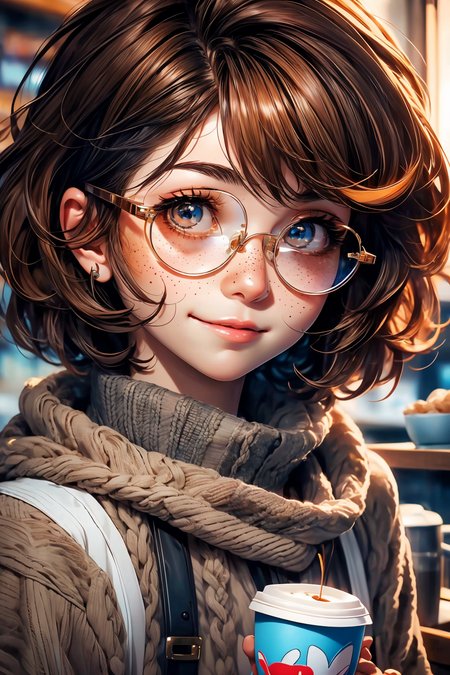 closeup, face, portrait, upper body, 
freckles, 
shy, blush, 
(short brown hair:1.1), 
(coffee shop:1.1), 
(round glasses:1.2), 
(brown eyes:1.4), 
cozy, detailed eyes, winter sweater, 
<lora:more_details:0.4>
 <lora:Cosmic anime-oil fusion v2:0.45> 
<lora:AnimeVibesV3:0.55> animevibes, 
<lora:3DMM_V11:0.55> 3DMM 
<lora:midjourney_20230624181825:0.65> midjourney ,
 <lora:LAS:0.15> cloud,colorful,
<lora:msw_locon-t2:0.25>, shiny, shiny hair, shiny skin, shiny clothes