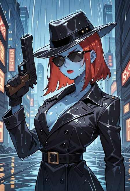 masterpiece, high quality, amazing detail,
blue skin, lipstick, makeup, red hair,
1girl, solo, black fedora hat, black trench coat, black gloves, opaque sunglasses,
upper body,
neon city, rain, wet,
holding, weapon, with one hand, handgun, pointed up,
<lora:Mystique_from_X-Men_-_ILLU_character_model_by_SulfurSniffer:0.7> ss-blu3m0mmy-illu,   <lora:afkArenaIllustrious:0.8> afkArenaStyle,
