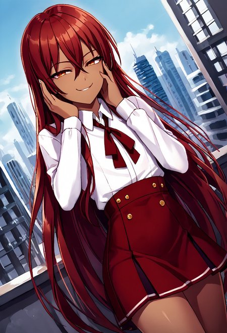 androgynous, absurdres, source_anime, solo, dutch_angle, looking at viewer, hair_between_eyes, :3, smile, red hair, brown hair, very long hair, long bangs, hair_over_face, hand on face, city, dress shirt, skirt, school uniform, dark skin, half-closed eyes, smug, black nylon,
pencil tool/(medium/),