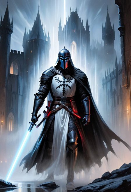 score_10, score_9, score_9_up, score_8_up, score_7_up, masterpiece, best quality, ghost, black armor, black knight, hood, duo focus, multiple_boys, 2boys,, two figures, Fantasy, knight, gothic, full plate armor, armor, black, cloak, hood, sith, sword, heavy armor, white light saber, shield,  reflection, spirit, translucent, black mist, paladin, fighter, rogue, vivid color, castle,