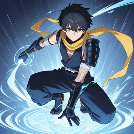 score_9, score_8_up, score_7_up, score_6_up, highly detailed, masterpiece, best quality, detailed, intricate details, amazing quality, best aesthetic, absurdres, source_anime, male focus, 1boy, scarf, shoulder armor, ninja, gauntlets, fishnets, vambraces, black gloves, tabi,, bandaged arm, black hair, blue eyes, male focus, yellow scarf, tattoo, short hair, magic, wind, masterpiece,best qualit,ultra-detailed,illustration,an extremely delicate and beautiful,beautiful detailed eyes,unity 8k wallpaper,high resolution,anime CG,official_art,