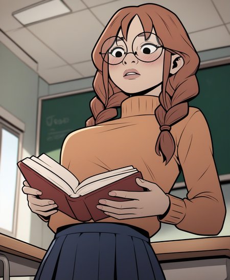 zPDXL3,  <lora:PSA_Amie:1> 1girl, long hair, glasses, twin braids, brown hair, round eyewear, black eyes, breasts, parted lips, skirt, classroom, from below, turtleneck, holding book, blush, reading,