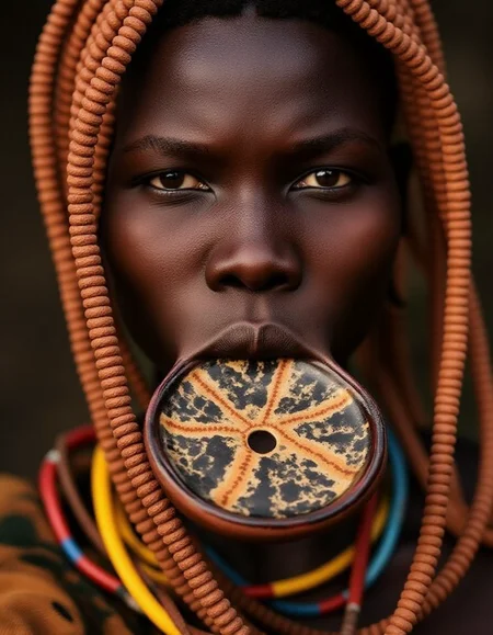 a Murs1 woman, showcasing her distinct facial features and traditional adornments. Her skin is a rich, deep brown, with high, prominent cheekbones and a broad, flat nose, emphasizing her striking natural beauty. Her piercing gaze exudes strength and wisdom, a reflection of her cultural resilience. Her ears are adorned with intricately designed wooden or clay plugs, extending her earlobes in traditional style. Around her neck are multiple layers of carefully hand-strung, colorful beaded necklaces, each bead telling a story of heritage and identity. Her hair is styled in short, tight braids coated with organic mud and natural pigments in earthy ochre tones. The iconic large ceramic lip plate (dhebi a tugoin) accentuates her appearance, decorated with fine hand-painted patterns symbolizing Murs1 artistry. Every detail, from her facial features to her traditional jewelry, is rendered in highly realistic textures and vibrant detail, capturing the essence of her identity within the cultural context.
<lora:mursi:1>, beautiful light set up,  dynamic range  lighting, RAW candid cinema, 16mm, color graded portra 400 film, remarkable color, ultra realistic, textured skin, remarkable detailed pupils, realistic dull skin noise, visible skin detail, skin fuzz, dry skin, shot with cinematic camera
