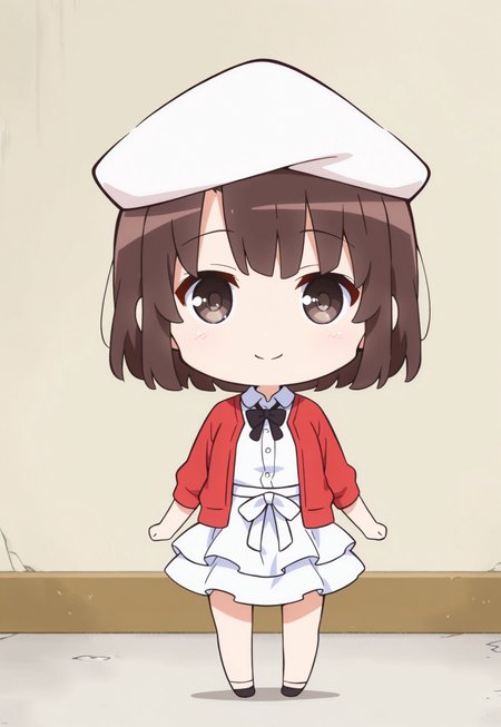 m3gum1kat0, 1girl,solo,brown hair,bangs,short hair,white beret,red cardigan,white blouse,black bow tie,white waist ribbon,white layered ruffle skirt,Chibi, smile,Full body, Cute pose, minimalist style,