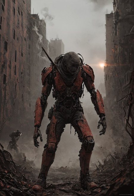 a combat cyborg, battle damaged, looking at the sunset over a faraway distopian city, smoke rising high on the horizon, colorful, muted rusted eroded paint,