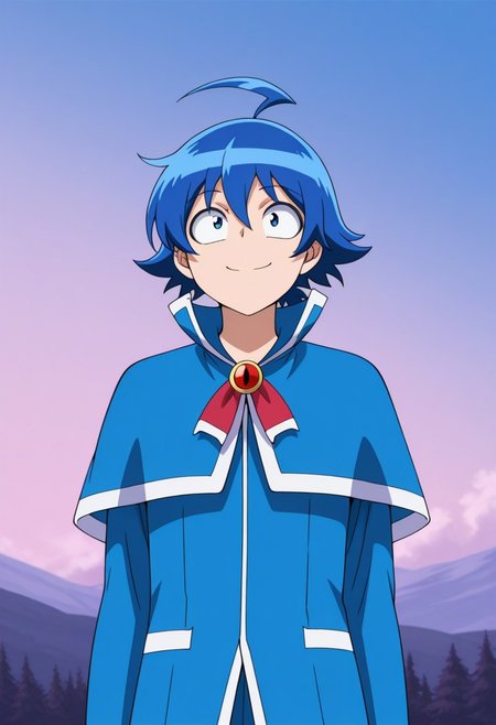 masterpiece,best quality,amazing quality, source_anime,
IrumaSuzuki, 1boy, male focus, solo, blue eyes, blue hair, ahoge, school uniform, jacket, blue jacket, capelet, brooch, bow, smile,
outdoor, sky, day, clouth,
