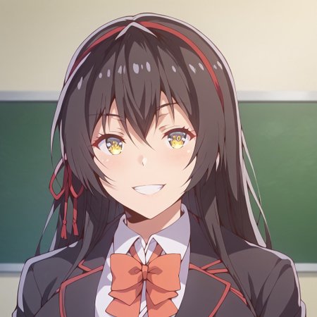 score_9_up, score_8_up, score_7_up, score_6_up, masterpiece, absurdes, highly detailed portrait, highres, high quality, best quality, high resolution, best quality, detailed eyes, high resolution
sayuki tokihara, long hair, black hair, ribbon, hair ribbon, yellow eyes, hairband, (huge breasts)
skirt, bow, school uniform, black jacket, black blazer, 
upper body, grin, breasts focus, 
indoor,  school, ,
