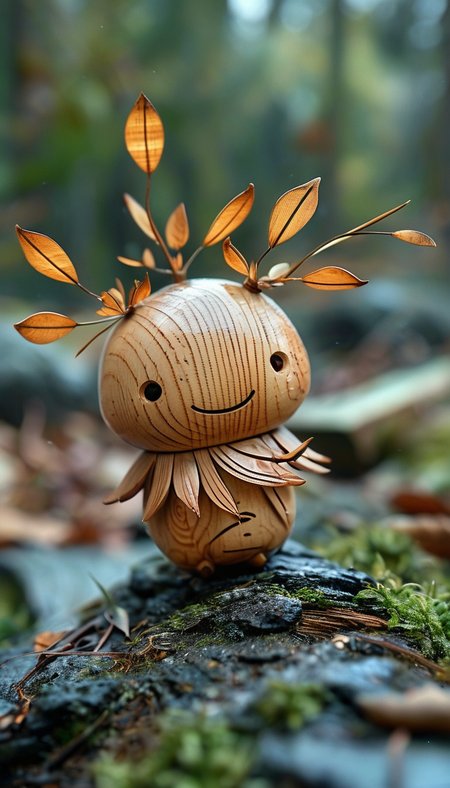 Little cute wood kodama spirit creature, long wooden petals and mud, sitting on top of a log, smiling, happy, night scene, backlit, by  [Alexander Archipenko, Rufino Tamayo, Picasso, Robert Delaunay], fantasy art, abstract, surreal