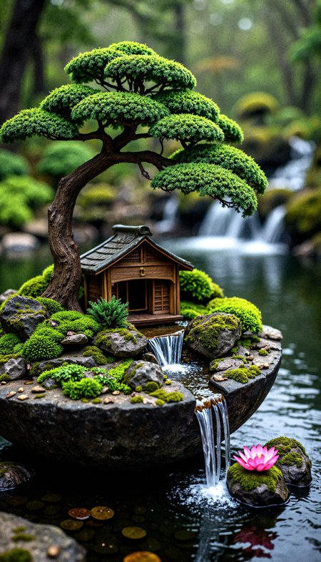 "A tranquil scene of a traditional Japanese teahouse set within a moss-covered teacup, surrounded by flowing waterfalls and blooming lotus flowers. The cascading water streams over layered rocks, creating a calming soundscape as it empties into a dark pool below. The teacup’s glossy surface reflects its serene environment, while a majestic bonsai tree spreads its leafy canopy overhead. Soft, atmospheric lighting highlights the lush greenery and delicate pink petals, evoking a sense of peace and harmony."
 <lora:FluxDFaeTasticDetails:0.2> <lora:aidmaHyperrealism-FLUX-v0.3:0.8>