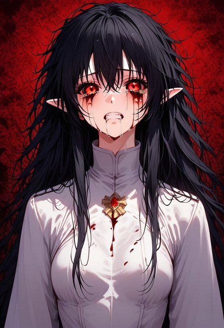 Drestoria-Style_V2, (masterpiece), (best quality), source_anime, perfect anatomy, digital_media_(artwork) hi_res, intricate, high quality, amazing quality, Highly Detailed, Perfect Face, elf, knight, ((red eyes, black sclera), black hair, messy hair, long hair, wild hair), semi-realistic, nose, detailed background, (full body, full body view), Bloody Tears