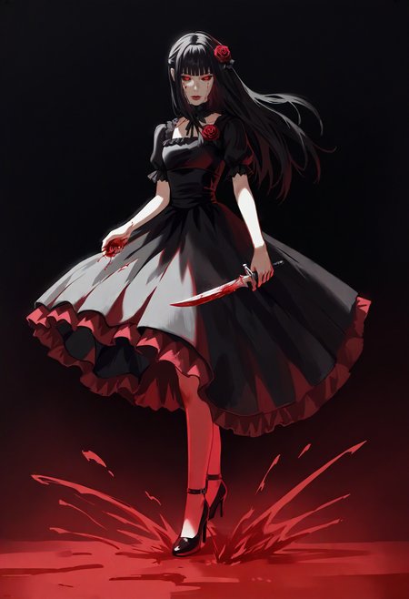 score_9, score_8_up, score_7_up, score_6_up, score_5_up, score_4_up,
BREAK
1girl, black hair, red eyes, long hair, straight hair, blunt bangs, blunt ends, half-closed eyes, glowing eyes, slit pupils, red lips, expressionless, looking away, black sclera,
BREAK
solo, dancing, black dress, frills, gothic dress, red rose, rose dress, roses, holding dagger, blood on weapon, blood pool, black high heels, blood mist,
BREAK
black background, dark, simple background, dynamic pose, <lora:Lunas-Uqi32-SDXL-A1:1>