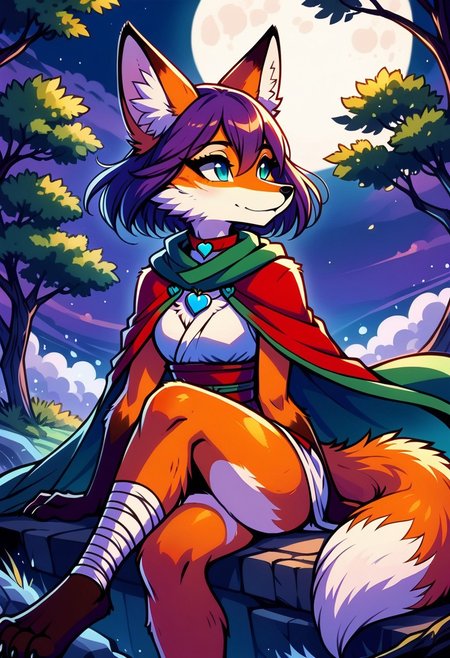 sfxm, anthro, female furry, fox, fox tail, fox ears, body fur, fluffy, paws, moon, trees, sitting, tunic, cape, scarf, heart-shaped pendant, leg wrap, bandages