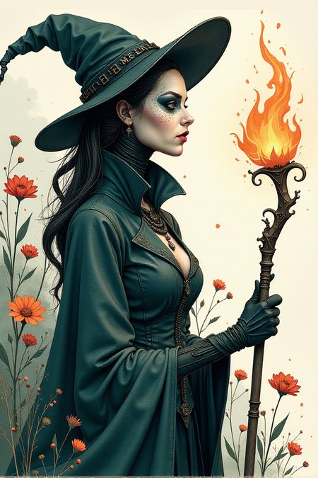 Anna Dittmann style character,digital illustration of a female plague doctor, biomechanical, in a thick line hand-drawn style,watercolor,flowery background, rough, minimalism, side view image,comic art, white plague doctor mask, glowing magical staff finished by Kay Nielsen, opaque paint, mysterious, sexy rococo cleavage, mysteriousâââ