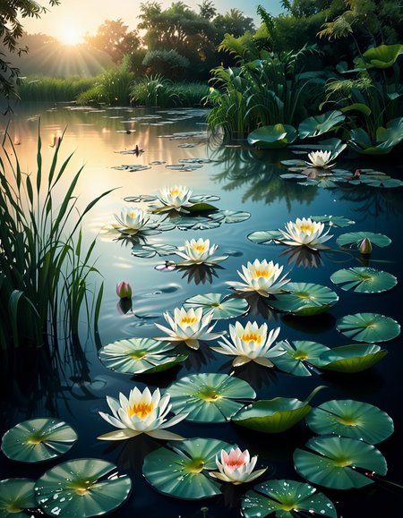 A highly detailed and realistic photograph of a serene lily pond surrounded by lush greenery. The calm water reflects the soft sunlight filtering through the overhanging trees. The surface is adorned with vibrant green lily pads, some with delicate pink and white water lilies in full bloom. A few dragonflies hover above the water, their wings catching the light. Gentle ripples create subtle distortions in the reflection of the sky and foliage. In the background, a dense array of reeds and aquatic plants frame the pond, adding depth and texture. The soft golden glow suggests late afternoon or early evening, enhancing the tranquil and picturesque atmosphere. The composition is balanced, drawing the viewerâs eye toward the natural beauty of the water lilies and their intricate details.
 <lora:SDXLFaeTastic2400:0.4> <lora:extremely_detailed:0.4> extremely detailed,<lora:lily_p0nd:1>,lily p0nd, Masterpiece,best quality,hi res,8k,hi res,8k,award winning,(sharp focus, intricate, highly detailed),
