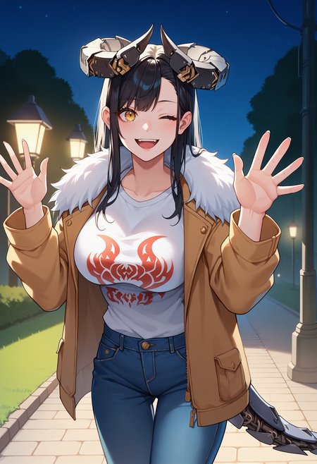 score_9, score_8_up, score_7_up, anime screencap, source_anime, 1girl, solo,
<lora:Obsidian_Dragon_V1:.85>, KJOobsidian, black hair, yellow eyes, long hair, horns, mechanical tail, asymmetrical bangs, 
jeans, white print t-shirt, black fur coat, open jacket,
waving, smile, open mouth, one eye closed,
night, park, trees, street lamps, grass, 
(Beautiful, large Breasts:1.2),