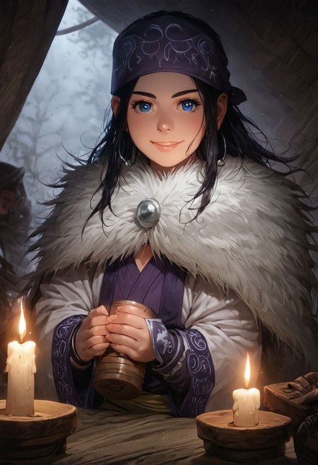 score_9, score_8_up, score_7_up, 
asirpa, black hair and blue eyes, jewelry, hoop earings, cape, fur cape, bandana headband, ainu clothes, in a tent, shiny skin, wet skin, leaning forward, cleavage, small breasts, eye contact, long hair, light smile, moody lighting, standing and holding drinks, suggestive pose, bottles, dim lighting, candle light, medieval fantasy, perfect quality, high quality, photorealistic, sitting BREAK dark and orange hue, (abstract:0.2)