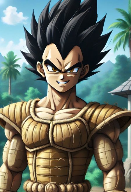 source_anime, pamcocomat, 1boy, vegeta, pamcocomat saiyan armor, upper body, crossed arms, looking at viewer, outdoors,spiky hair, black hair, Dragon Ball Z, angry, teeth, best quality, detailed face, detailed eyes