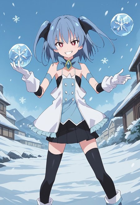 1girl, solo, sumirefrostia, mahoutouki, white gloves, short hair, two side up, blue hair, red eyes, white pupils, grin, standing, outdoors, Icemagmb, ice, Snow, snowing, snowflakes, Ice ball,