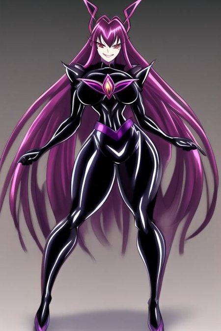 1girl, solo, full body, impossible bodysuit, DarkPrecure, evil smile, latex, detail, muscular, huge breasts, wide hips, thick thighs